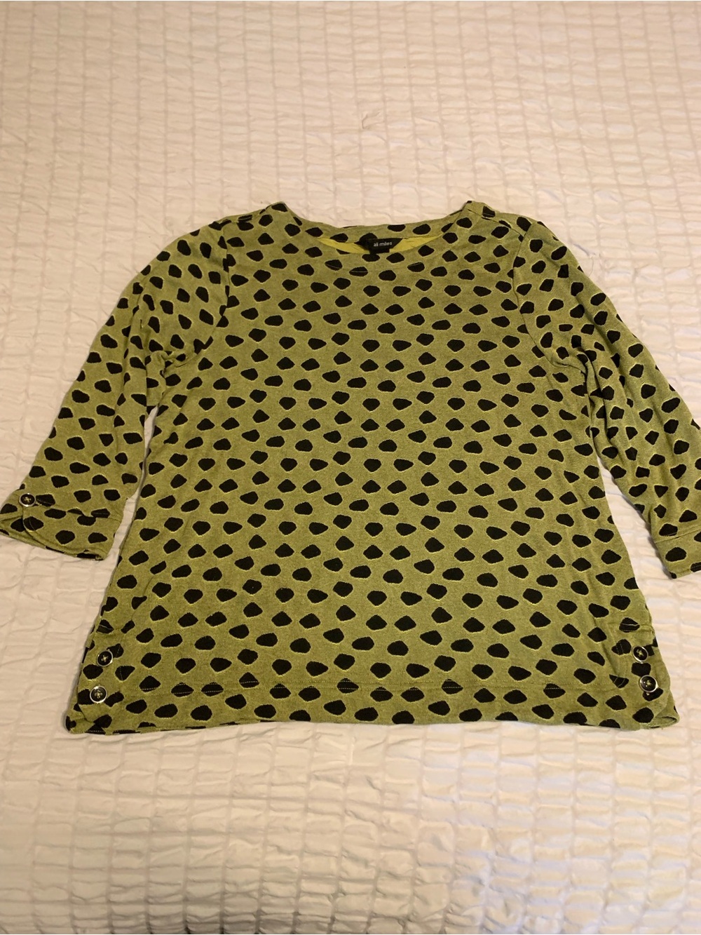 Ali Miles Chartreuse Green Black Polka Dot Button Tunic Top Artsy Blouse Size L